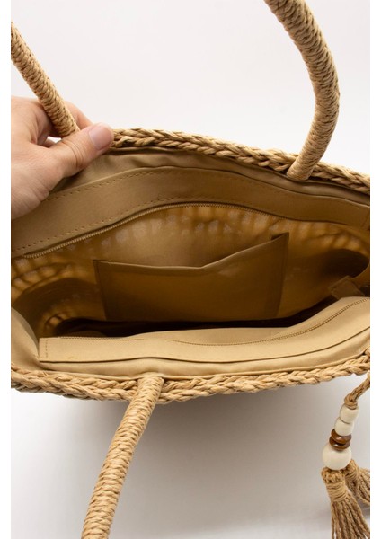 El Örgüsü Püskül Detay Rattan Plaj Çantası - Camel modelleri