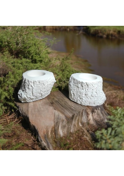 2 Li Ağaç Biblo Mumluk Set Beyaz Konsept Hediyelik