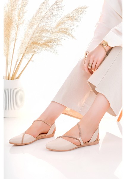 BA04251 Krem Kadın Yanı Açık Taş Büyük Numara Günlük Babet Ayakkabı - 37 modelleri