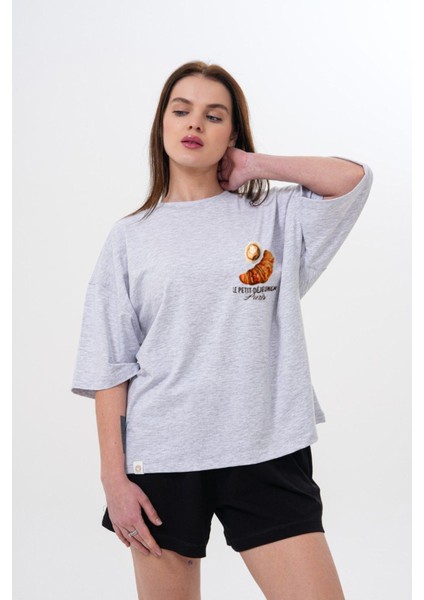 Kalın Pamuklu Kruvasan Baskılı Oversize T-Shirt