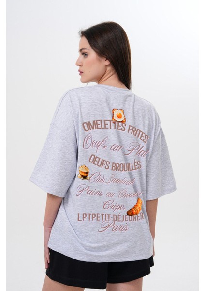 Kalın Pamuklu Kruvasan Baskılı Oversize T-Shirt