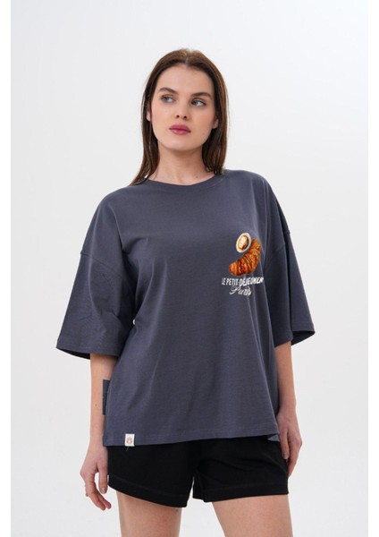 Kalın Pamuklu Kruvasan Baskılı Oversize T-Shirt
