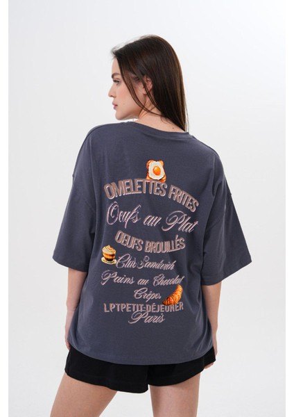 Kalın Pamuklu Kruvasan Baskılı Oversize T-Shirt