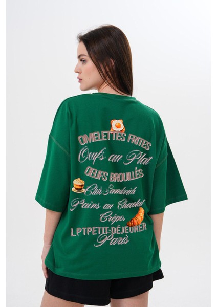 Kalın Pamuklu Kruvasan Baskılı Oversize T-Shirt