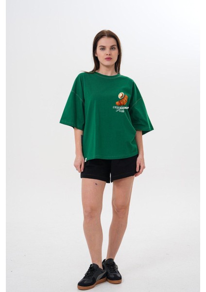 Kalın Pamuklu Kruvasan Baskılı Oversize T-Shirt