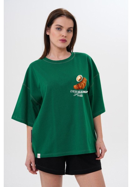 Kalın Pamuklu Kruvasan Baskılı Oversize T-Shirt