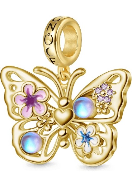 Aytaşı Süslemeli Işıltılı Kelebek Charm, 18K Altın Kaplama 925 Ayar Gümüş