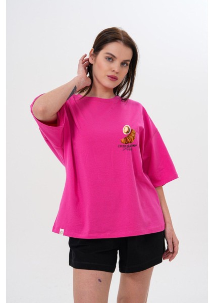 Kalın Pamuklu Kruvasan Baskılı Oversize T-Shirt