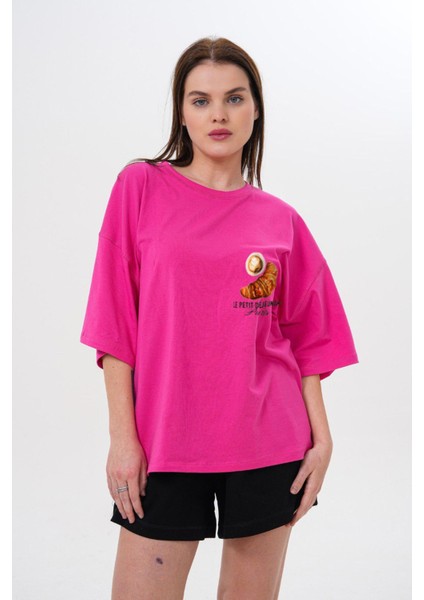 Kalın Pamuklu Kruvasan Baskılı Oversize T-Shirt