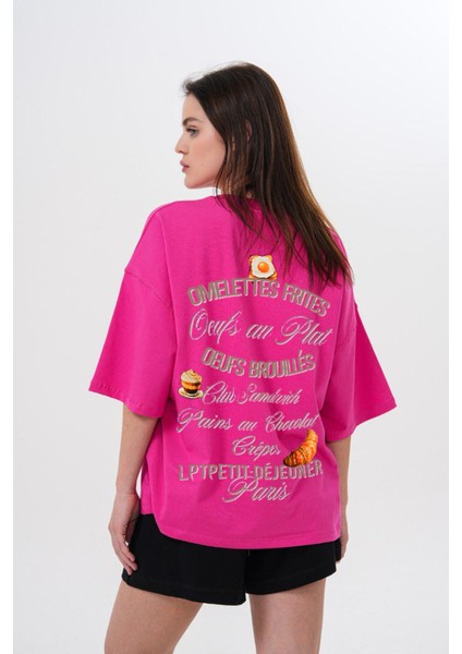 Kalın Pamuklu Kruvasan Baskılı Oversize T-Shirt