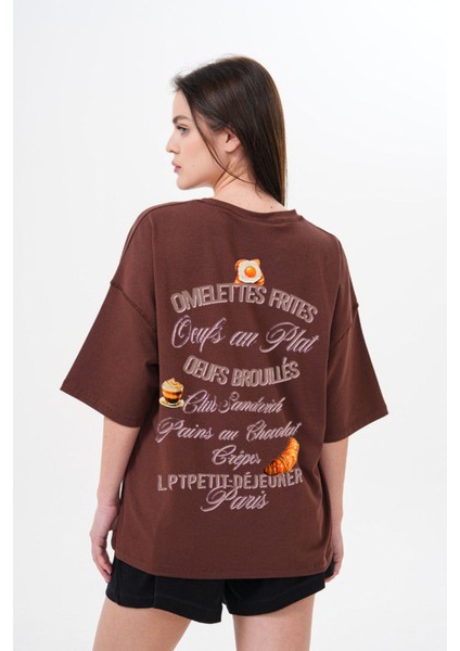 Kalın Pamuklu Kruvasan Baskılı Oversize T-Shirt