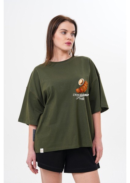 Kalın Pamuklu Kruvasan Baskılı Oversize T-Shirt
