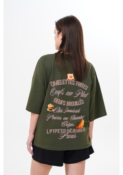 Kalın Pamuklu Kruvasan Baskılı Oversize T-Shirt