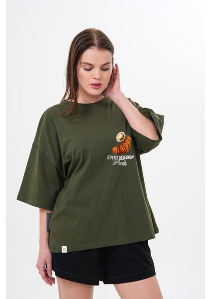 Kalın Pamuklu Kruvasan Baskılı Oversize T-Shirt