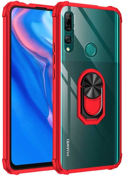 Huawei Y9 Prime 2019 Kılıf Anti-Shock Darbe Önleyici Renkli Kenarlar, Metal Yüzüklü Kılıf
