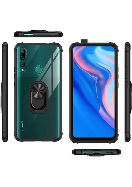 Huawei Y9 Prime 2019 Kılıf Anti-Shock Darbe Önleyici Renkli Kenarlar, Metal Yüzüklü Kılıf