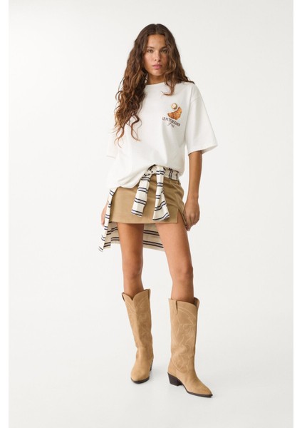 Kalın Pamuklu Kruvasan Baskılı Oversize T-Shirt