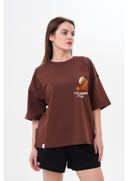 Kalın Pamuklu Kruvasan Baskılı Oversize T-Shirt