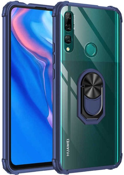 Huawei Y9 Prime 2019 Kılıf Anti-Shock Darbe Önleyici Renkli Kenarlar, Metal Yüzüklü Kılıf