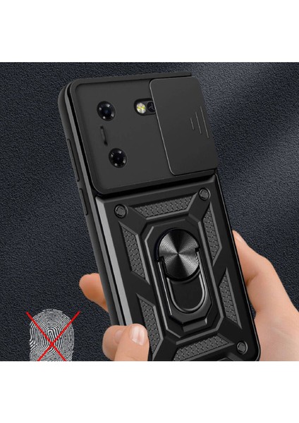 Tecno Pova 5 Kılıf Mıknatıslı Araç Tutucu Yüzük ve Kapaklı Lens Korumalı Sürgülü Tank Kılıf