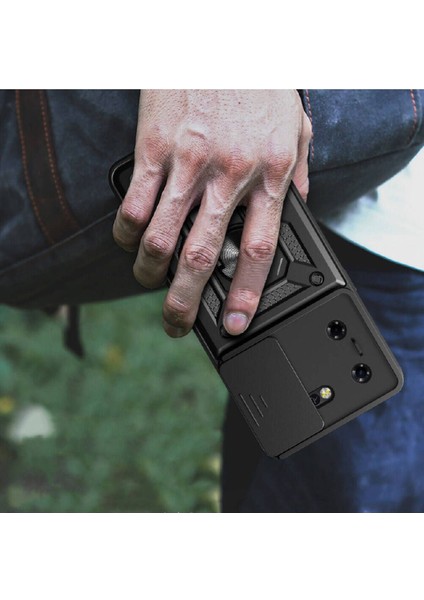 Tecno Pova 5 Kılıf Mıknatıslı Araç Tutucu Yüzük ve Kapaklı Lens Korumalı Sürgülü Tank Kılıf modelleri