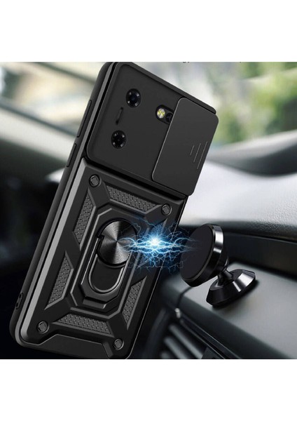 Tecno Pova 5 Kılıf Mıknatıslı Araç Tutucu Yüzük ve Kapaklı Lens Korumalı Sürgülü Tank Kılıf indirimleri