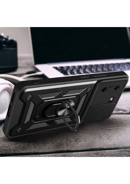 Tecno Pova 5 Kılıf Mıknatıslı Araç Tutucu Yüzük ve Kapaklı Lens Korumalı Sürgülü Tank Kılıf