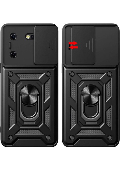 Tecno Pova 5 Kılıf Mıknatıslı Araç Tutucu Yüzük ve Kapaklı Lens Korumalı Sürgülü Tank Kılıf
