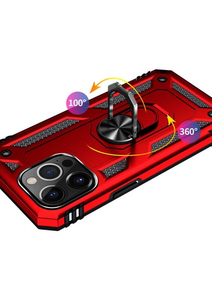 Apple iPhone 13 Pro Max Kılıf Çift Katmanlı Polikarbon Koruma ve Manyetik Tutucu Stand Yüzük
