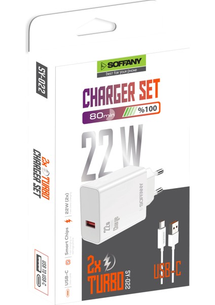 SY-022 2x Turbo 22W Şarj Seti, Şarj Cihazı ve Kablo, Adaptör ve Kablo, Usb-A To Type-C