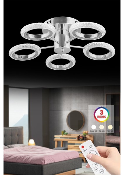 Istanbul Avize Halka Plafonyer Tavan Gümüş 5'li Kumandalı 3 Renk LED Lüx Modern Ledli Avize
