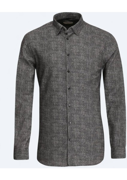 Kahverengi Baskılı Regular Fit Dokuma Casual %100 Pamuk Gömlek