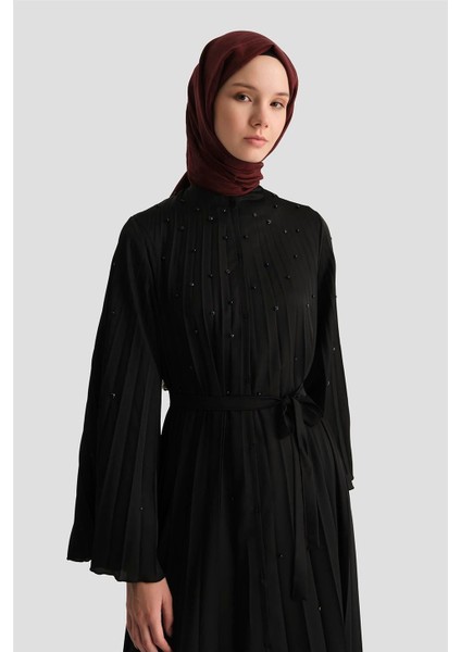 Taş Işlemeli Piliseli Abaya 25Y8302 Siyah