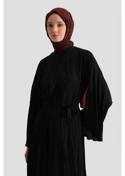 Taş Işlemeli Piliseli Abaya 25Y8302 Siyah