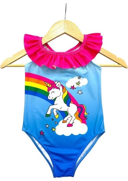 Unicorn Askılı Fırfırlı Mayo - Mavi