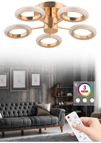 Istanbul Avize Halka Plafonyer Tavan Gold 5'li Kumandalı 3 Renk LED Lüx Modern Ledli Avize