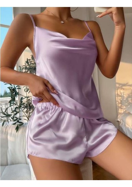 Lila Ince Askılı Saten Şortlu Takım