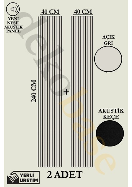 Açık Gri (2 Adet) 40X240CM Yeni Nesil Akustik Ahşap Duvar Paneli