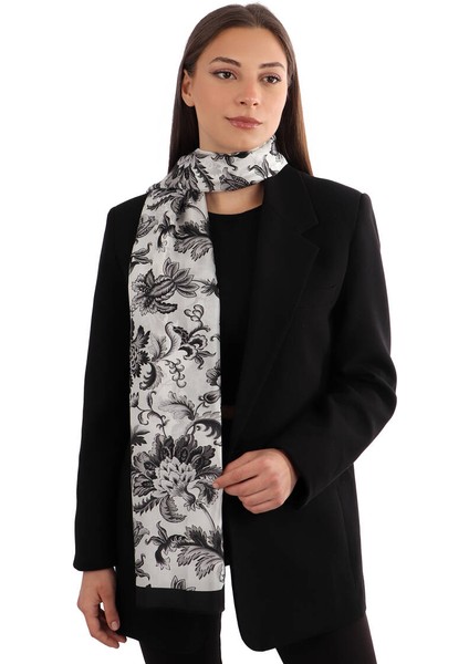 Siyah Çiçek Desen Vual Ipek Fular