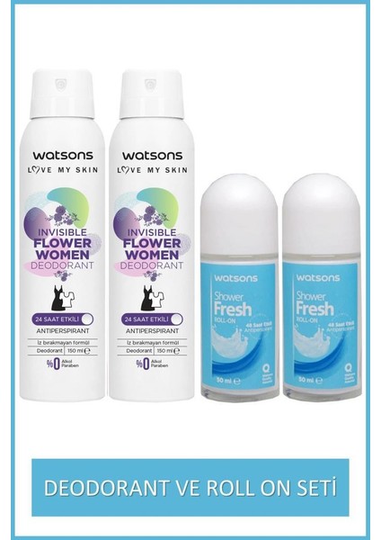 Shower Fresh Kadın Roll-On 50 ml x 2 ve Invisible Fresh 24 Saat Etkili Deodorant 150 ml x 2