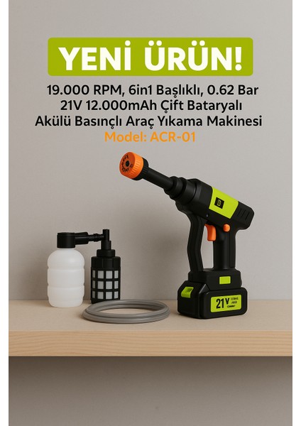 Acr-01 21V Akülü Yıkama Makinesi | Çift Batarya, 6in1 Başlık