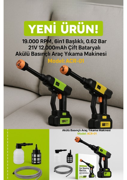 Acr-01 21V Akülü Yıkama Makinesi | Çift Batarya, 6in1 Başlık