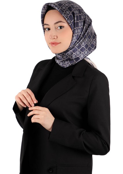 Lacivert Monogram Ipek Eşarp