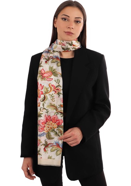 Krem Çiçek Desen Vual Ipek Fular