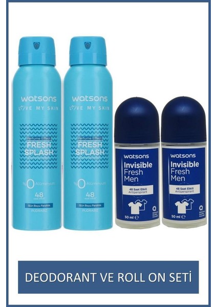 Invisible Fresh Men 48 Saat Etkili Roll On 50 ml x 2 ve Fresh Splash Deodorant 150 ml x 2