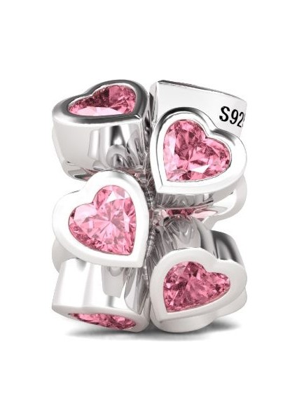 "Kalbim Senin İçin Atıyor" Kalpten Kalbe Pembe Kristal Taşlı Charm, 925 Ayar Gümüş