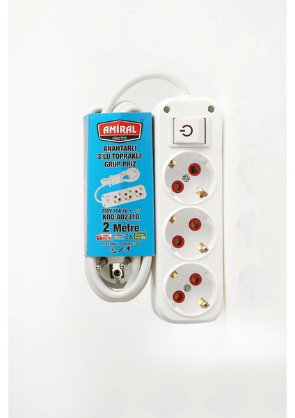 Amiral 3' Lü Topraklı Anahtarlı 2 Metre Kablolu Grup Priz - BLS3211-9713