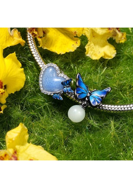 Karanlıkta Parlayan Kalp Kelebek Charm, 925 Ayar Gümüş fiyatları