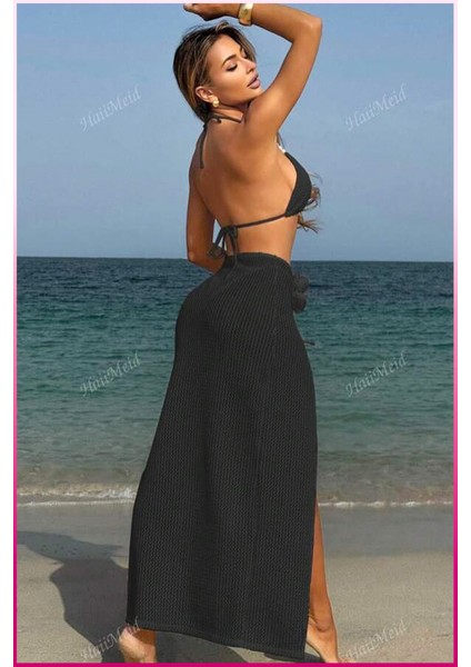 Siyah Askılı Bikini Takımı Ayarlanabilir Büzgülü Etek Tatil Stil modelleri