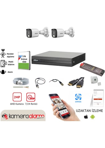 2 Kameralı 7/24 Renkli Görüşlü 2mp Kamera Seti fiyatları
